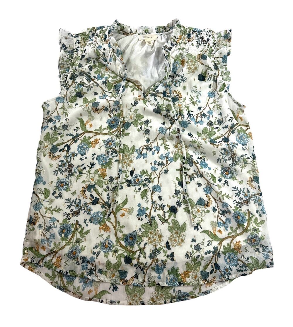 Tamara H Medium Floral Sleeveless Blouse Metallic Gold Ruffle Tie Neck